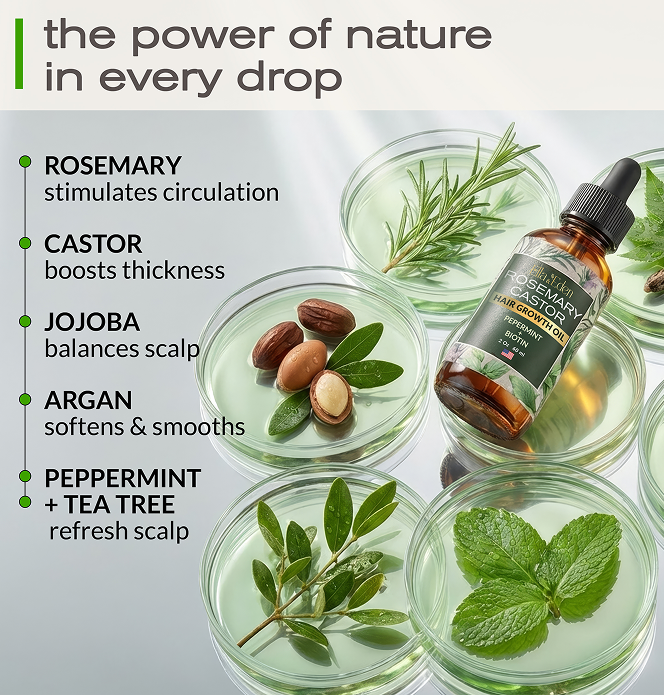 Hair Growth Oil with Rosemary, Castor, Peppermint Oils & Biotin