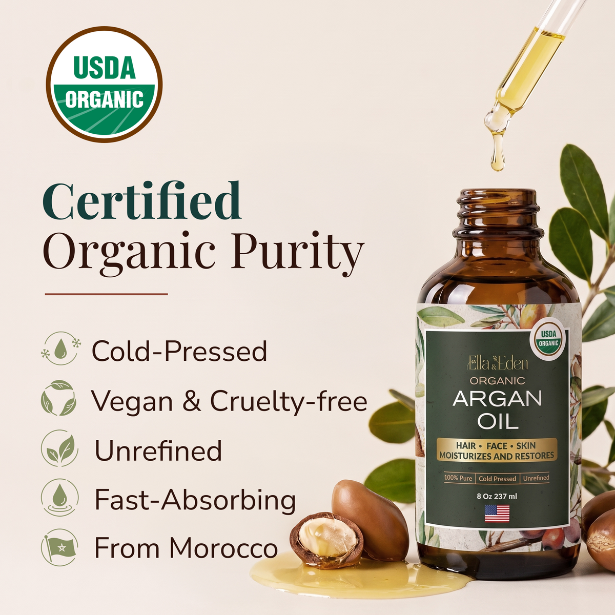 Ella & Eden Organic Argan Oil Of Morocco - 100% Pure Cold-Pressed, 8 Oz USDA Certified Unrefined Moroccan Argan Oil for Hair, Face & Skin, Fast-Absorbing & Non-Greasy, Food-Grade Plastic Bottle