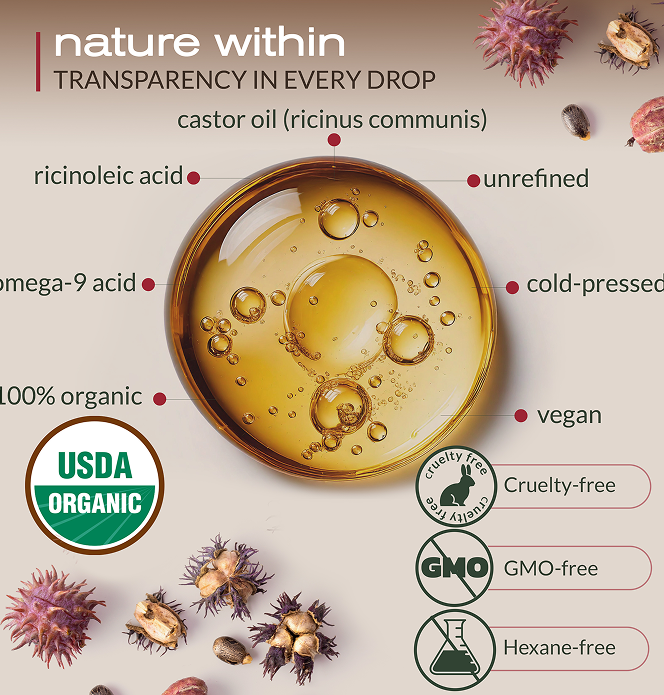 Organic Castor Oil – Cold Pressed Hexane-Free – 16 Fl Oz Glass Bottle