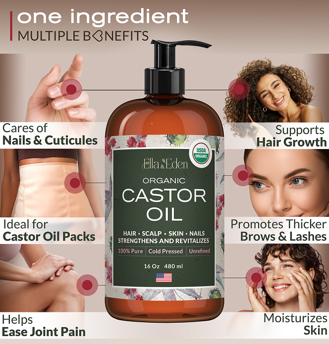 Organic Castor Oil – Cold Pressed Hexane-Free – 16 Fl Oz Glass Bottle