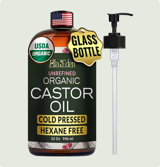 Organic castor oil in glass bottle, cold pressed, hexane free, USDA certified, with pump dispenser