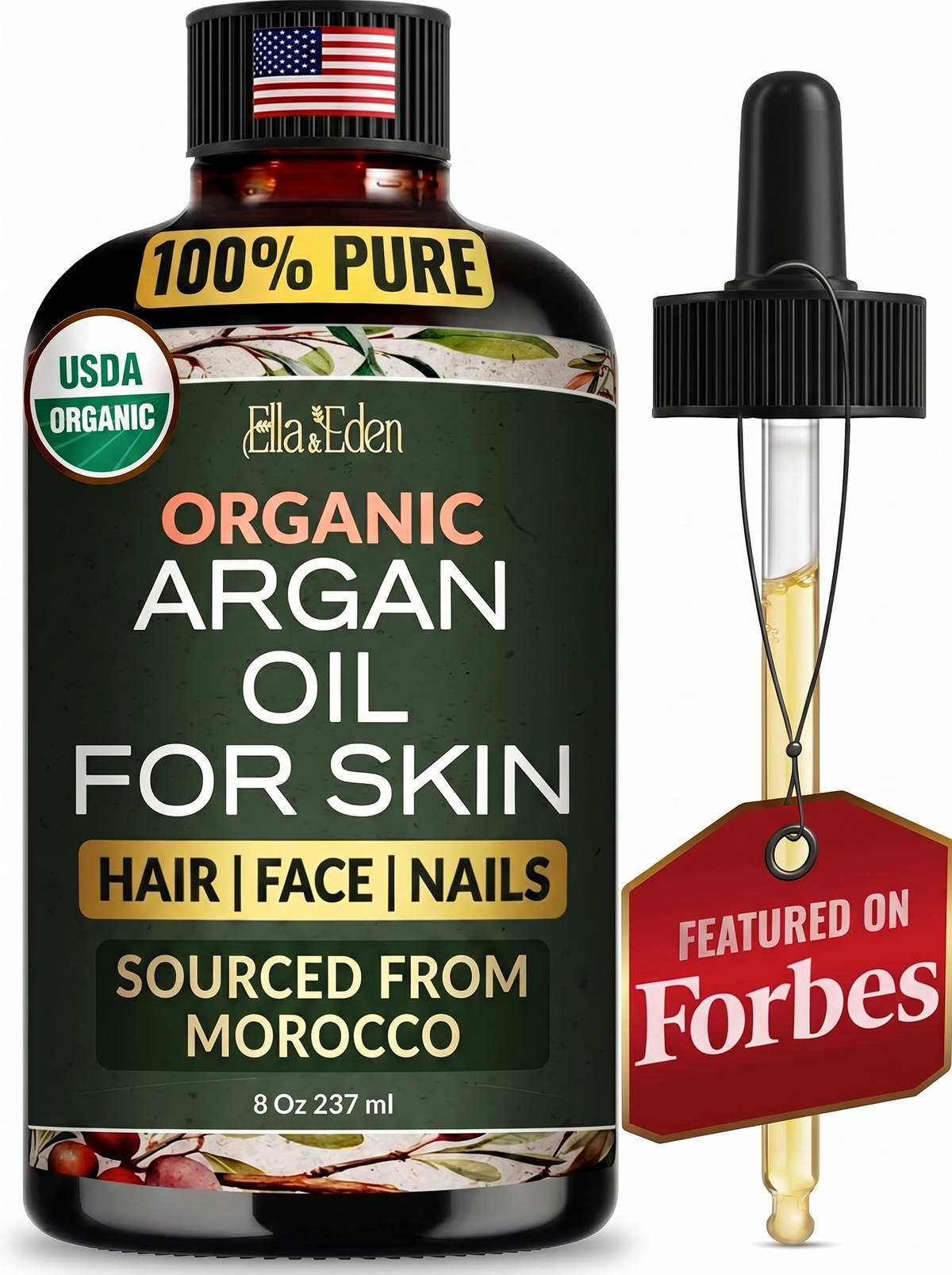 Ella & Eden Organic Argan Oil Of Morocco - 100% Pure Cold-Pressed, 8 Oz USDA Certified Unrefined Moroccan Argan Oil for Hair, Face & Skin, Fast-Absorbing & Non-Greasy, Food-Grade Plastic Bottle