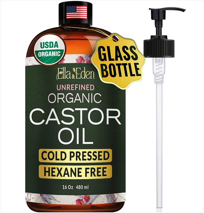 Ella & Eden organic castor oil bottle with pump on a white background