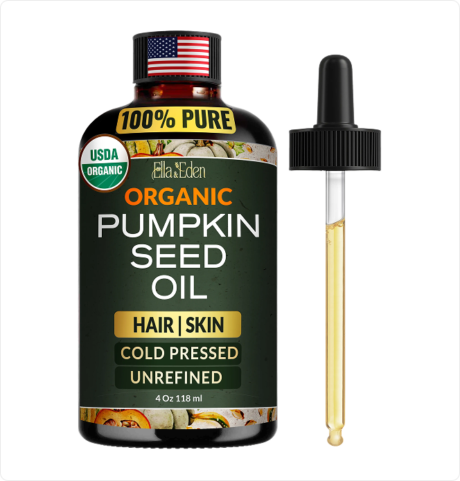 Bottle of Ella Eden Organic Pumpkin Seed Oil with a dropper on a white background