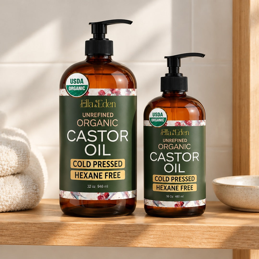 Organic castor oil 32 oz and 16 oz, both amber glass bottles with pumps