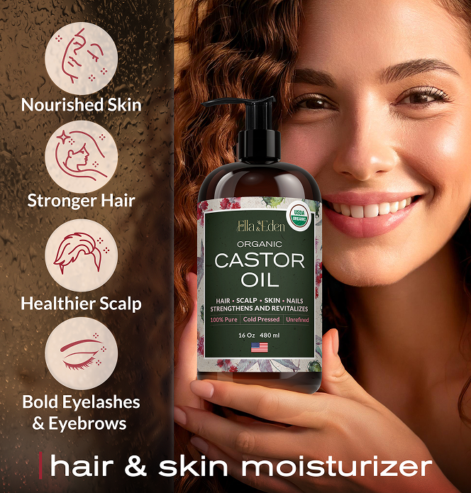 Organic Castor Oil – Cold Pressed Hexane-Free – 16 Fl Oz Glass Bottle