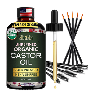 Ella & Eden organic castor oil bottle with eyelash serum dropper and applicators on a white background