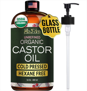 Ella & Eden organic castor oil bottle with pump on a white background