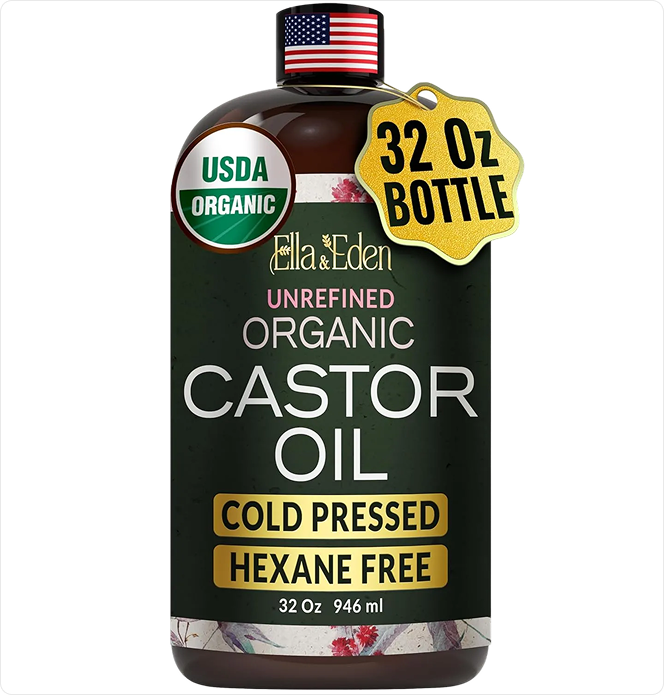 Bottle of Ella & Eden organic castor oil with USDA Organic label on a white background