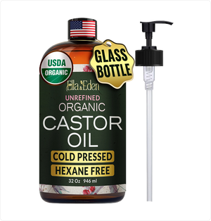 Bottle of Ella & Eden organic castor oil with a pump on a white background