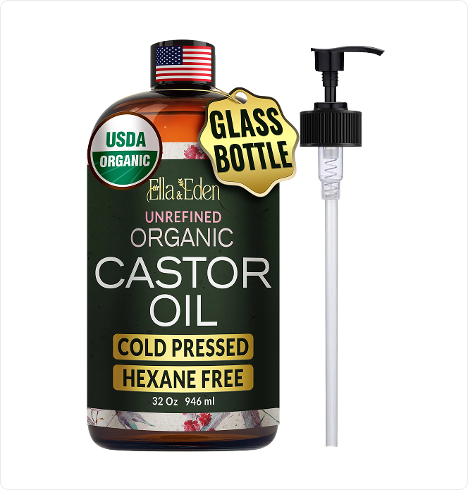 Bottle of Ella & Eden organic castor oil with a pump on a white background