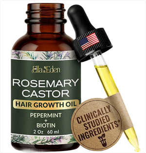 Ella & Eden Rosemary Castor hair growth oil bottle with dropper and label on a white background