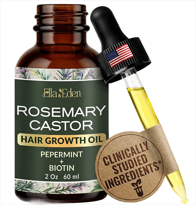 Ella & Eden Rosemary Castor hair growth oil bottle with dropper and label on a white background
