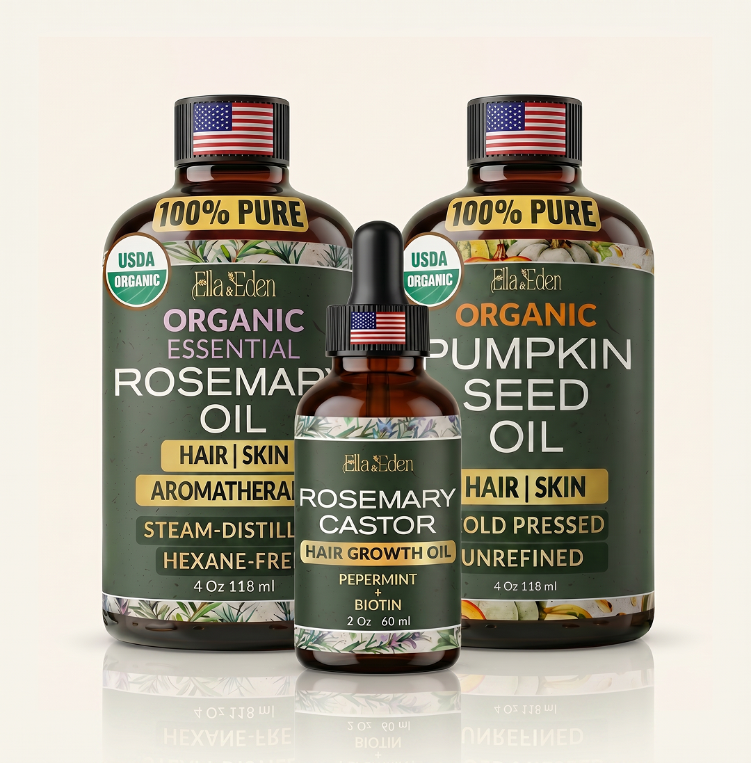 Organic rosemary, pumpkin seed, and rosemary castor oils for hair and skin care, USDA certified, pure and natural