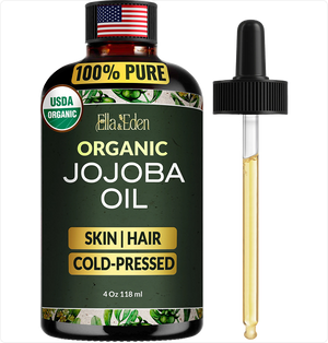 Bottle of Organic Jojoba Oil with dropper on a white background