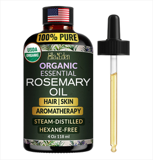 Bottle of Ella & Eden Organic Essential Rosemary Oil with dropper on a white background